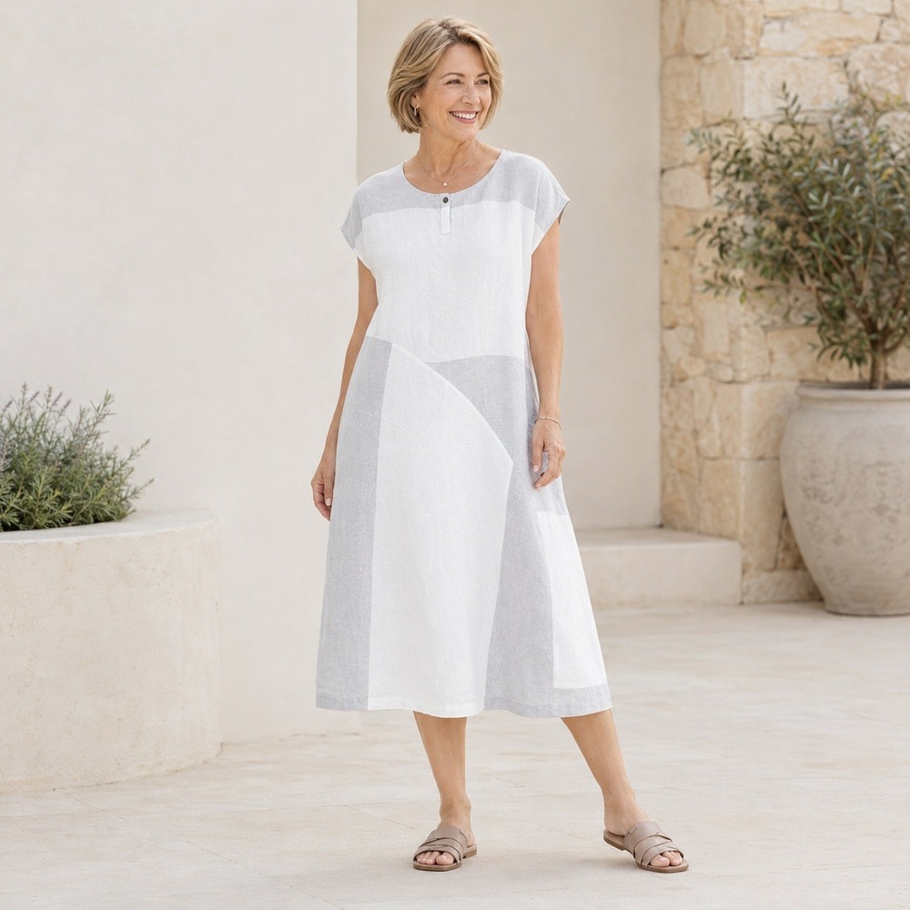 Pure Jill Dress 100% Linen Colorblock Grey White Midi Women L‎ Petite Lagenlook